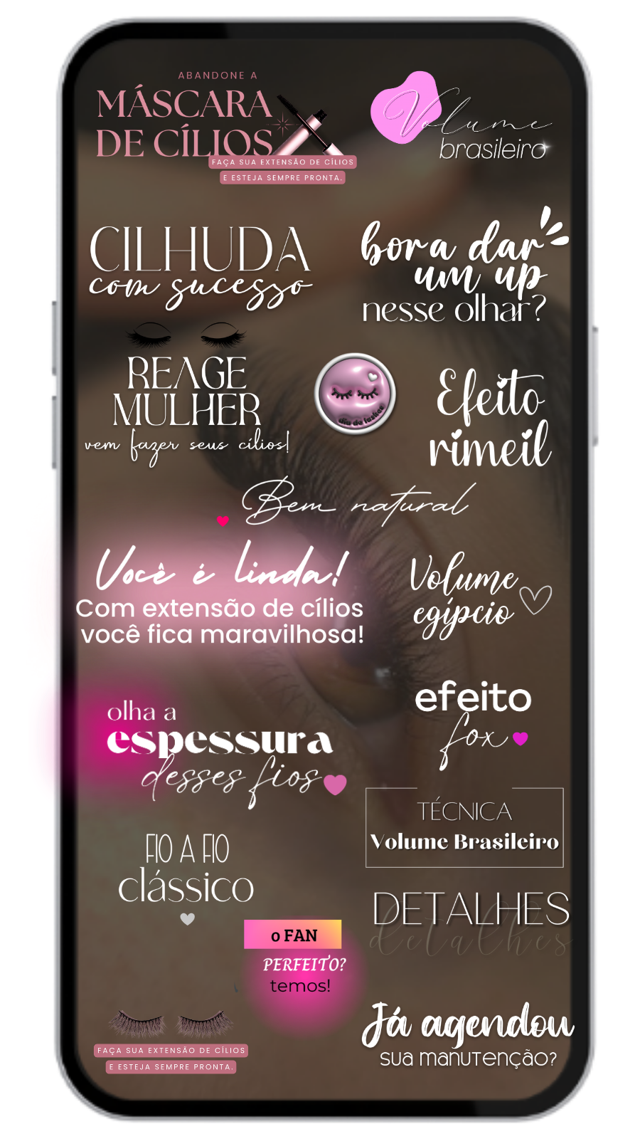 Mockup de celular com figurinhas do nicho Lash Designer