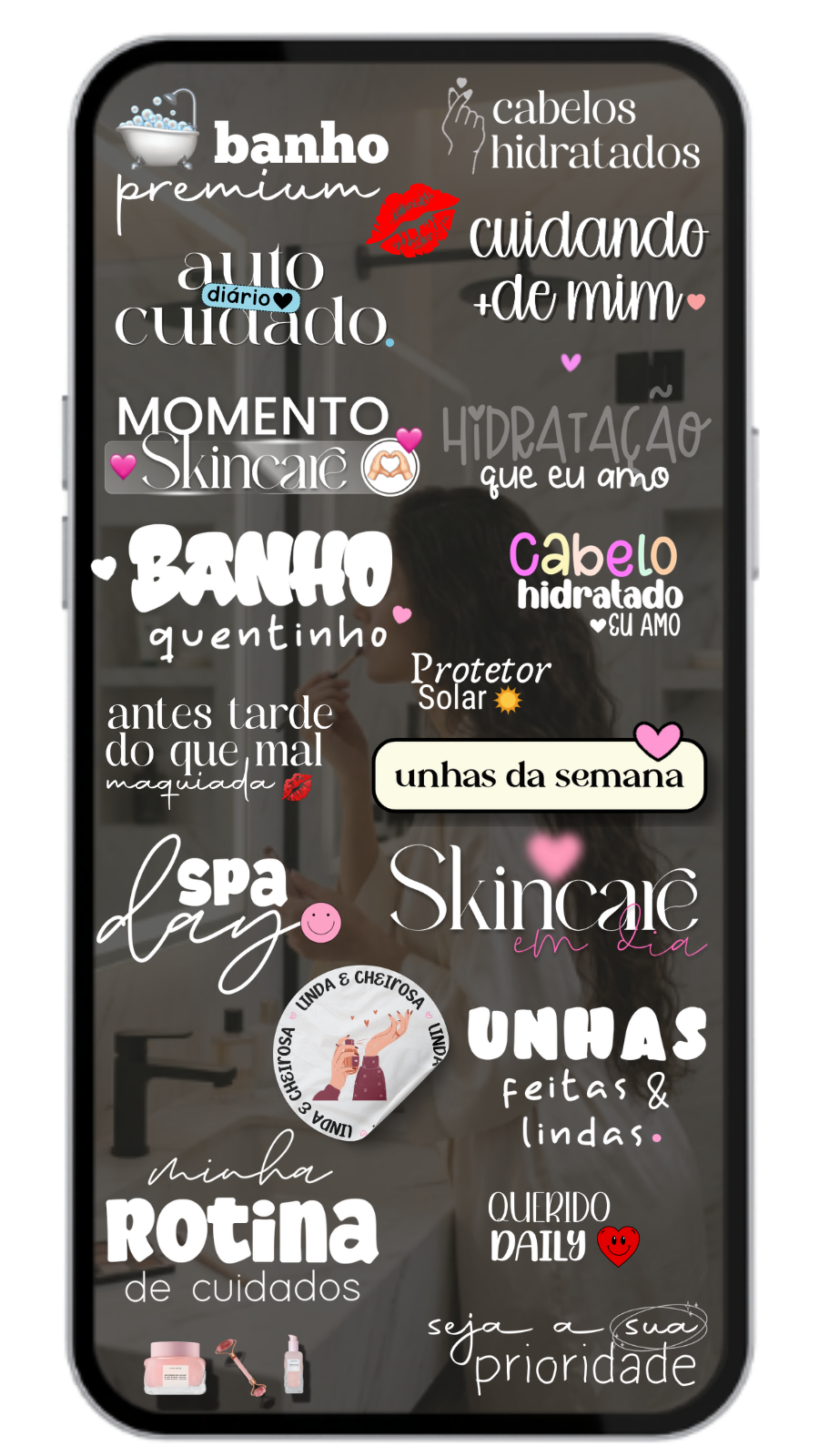 Mockup de celular com figurinhas do nicho Autocuidado
