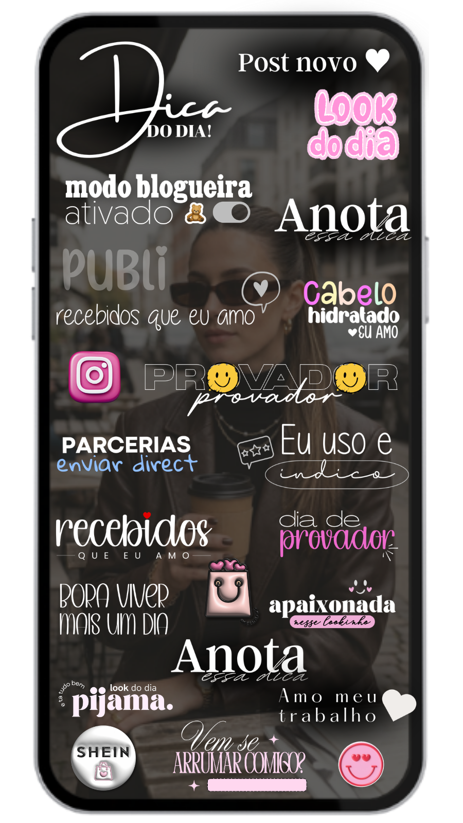 Mockup de celular com figurinhas do nicho Influencer