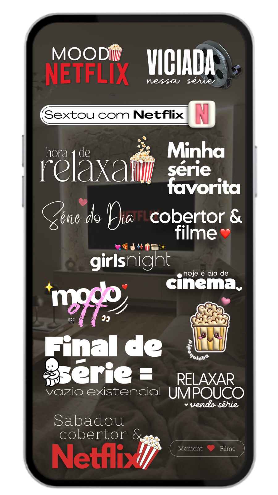 Mockup de celular com figurinhas do nicho Filmes