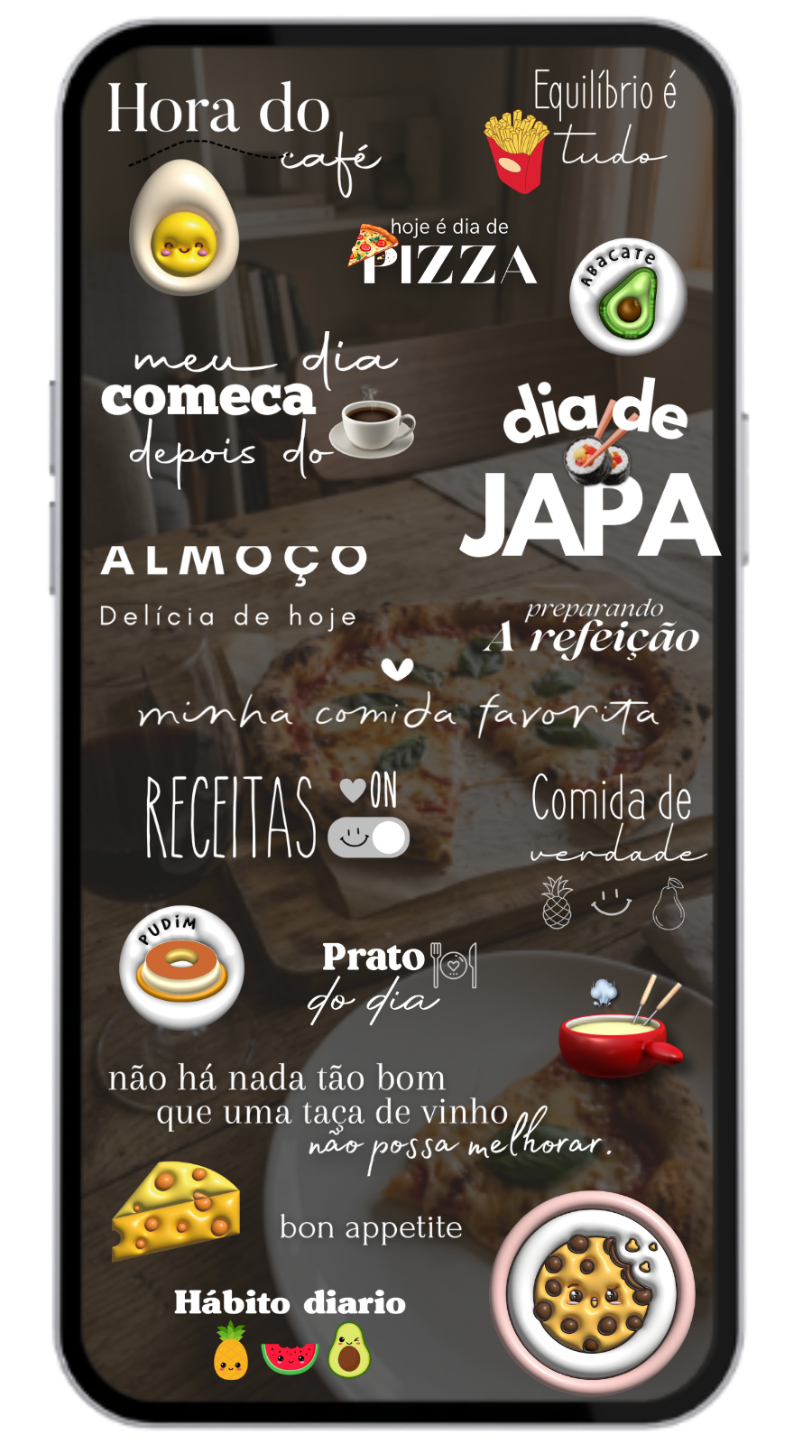 Mockup de celular com figurinhas do nicho Gastronomia