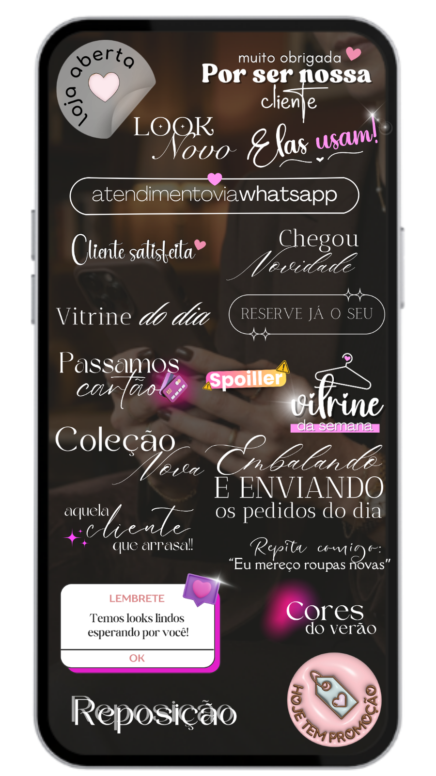 Mockup de celular com figurinhas do nicho Lojista