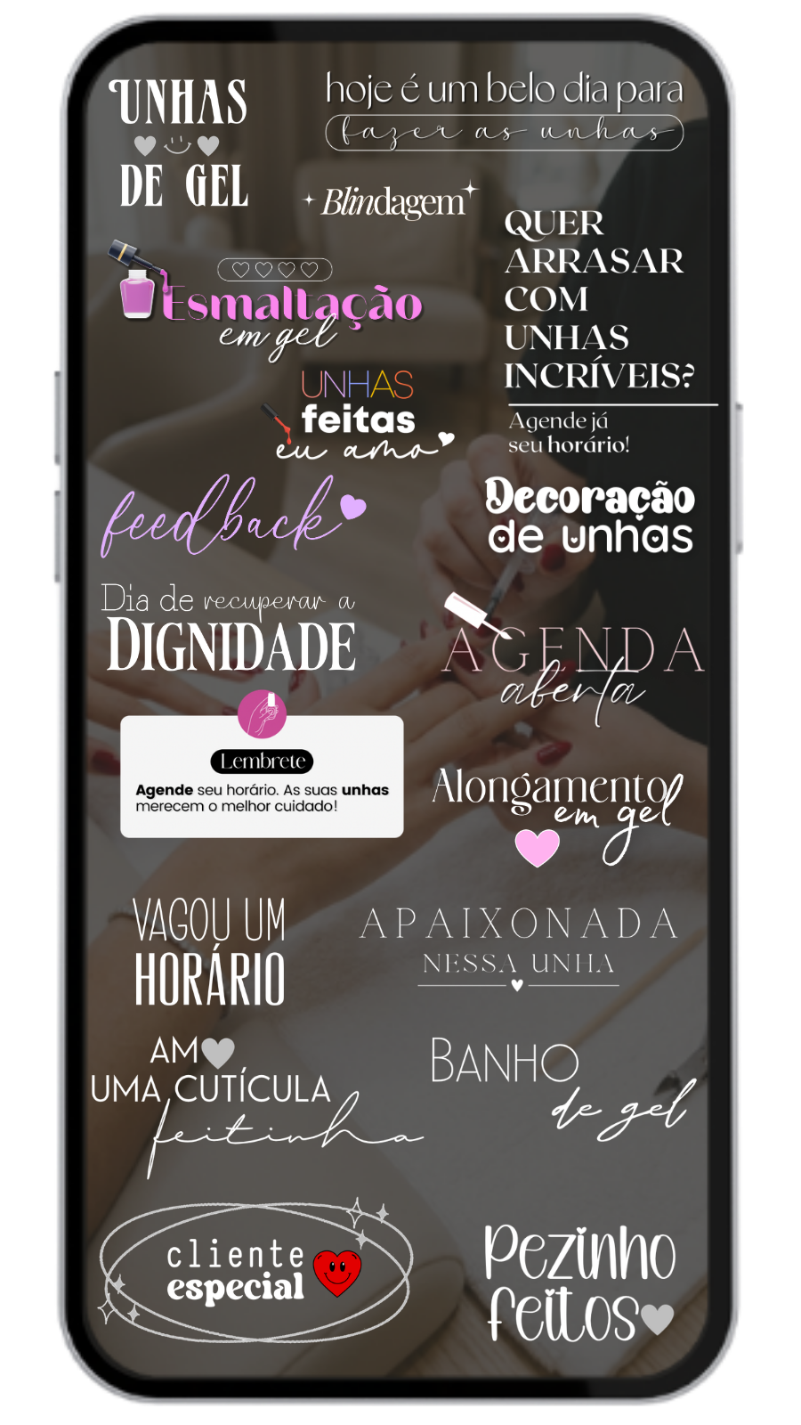 Mockup de celular com figurinhas do nicho Nail Designer
