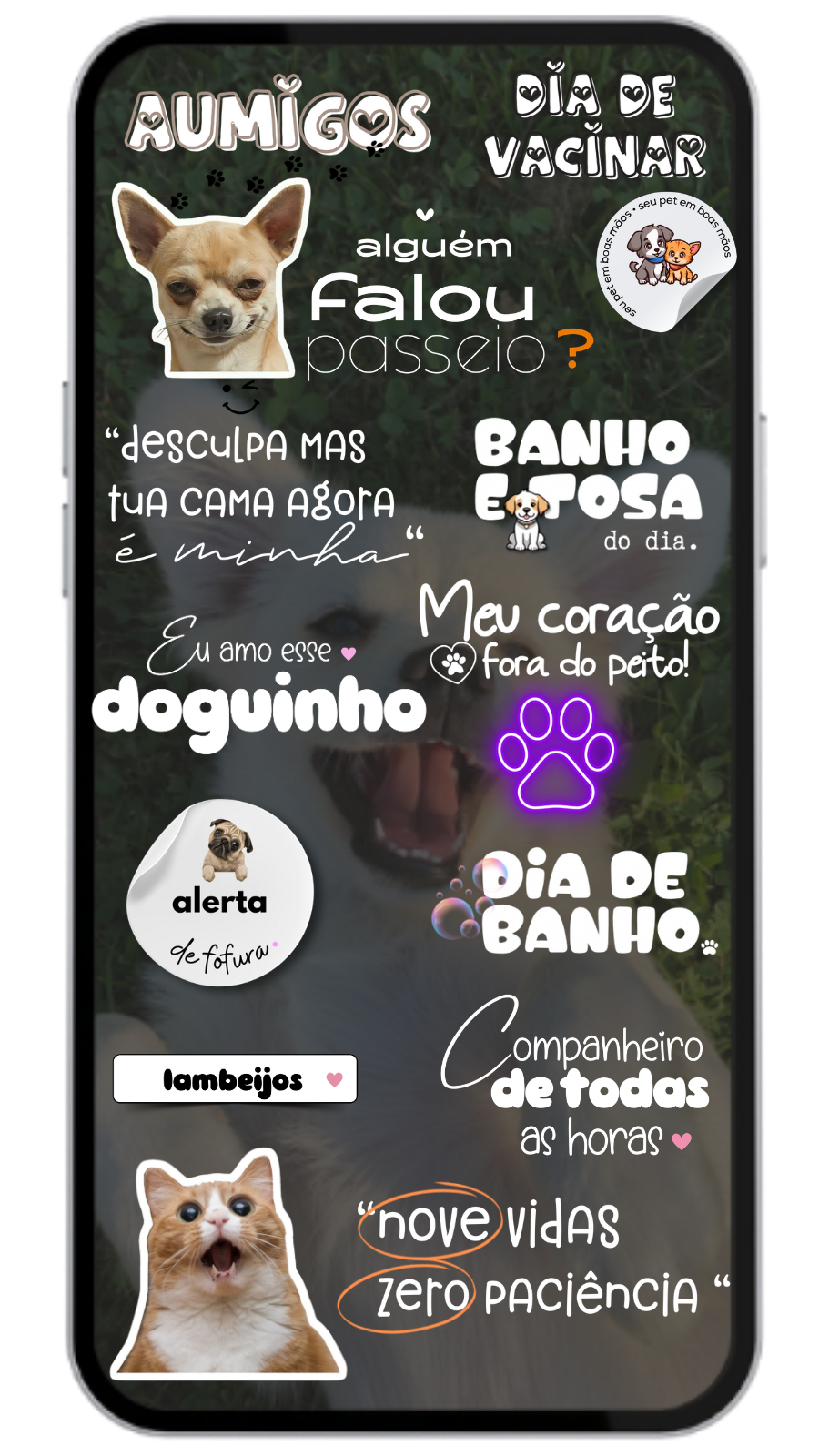 Mockup de celular com figurinhas do nicho Pet