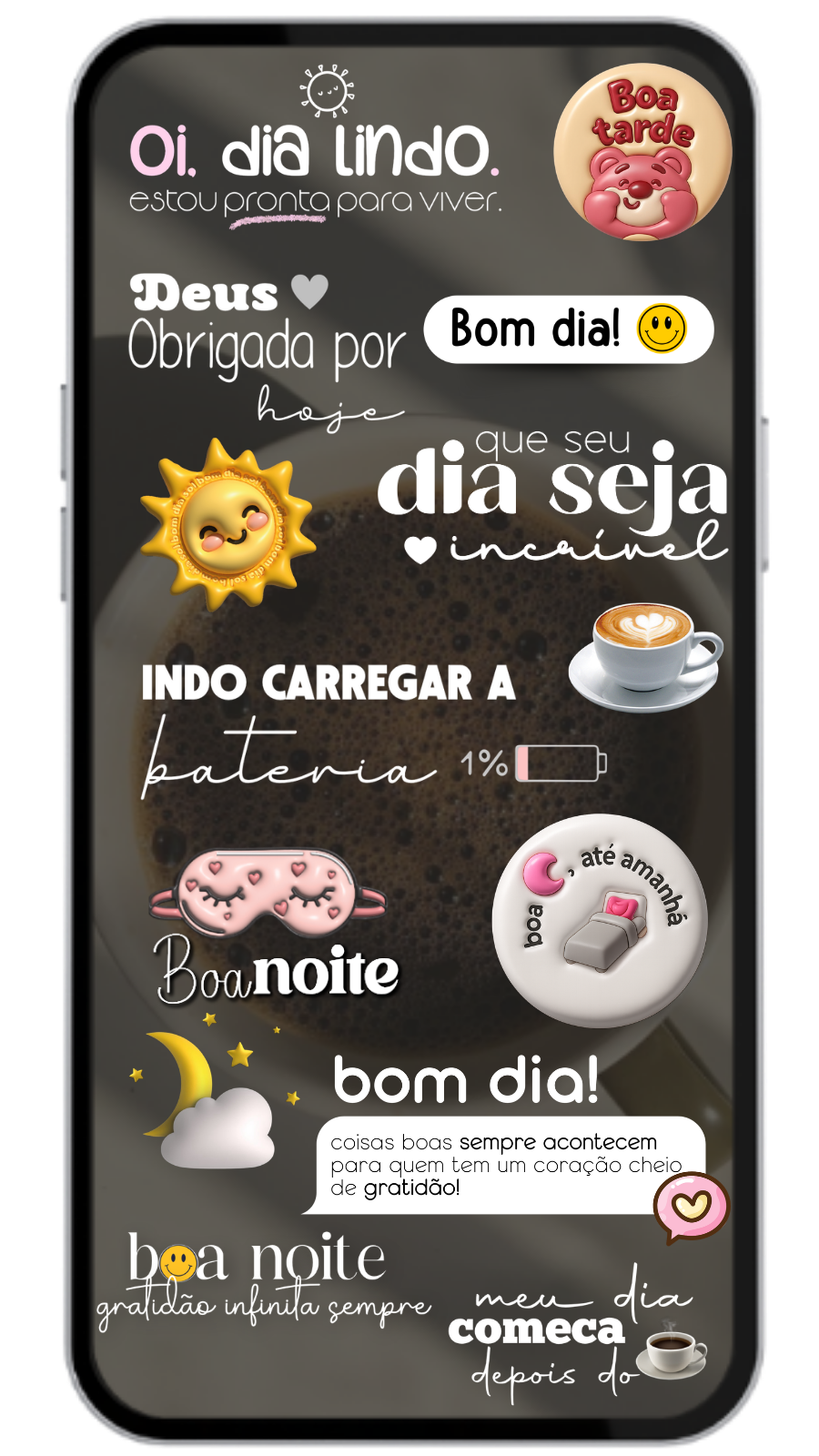 Mockup de celular com figurinhas do nicho Rotina Diária