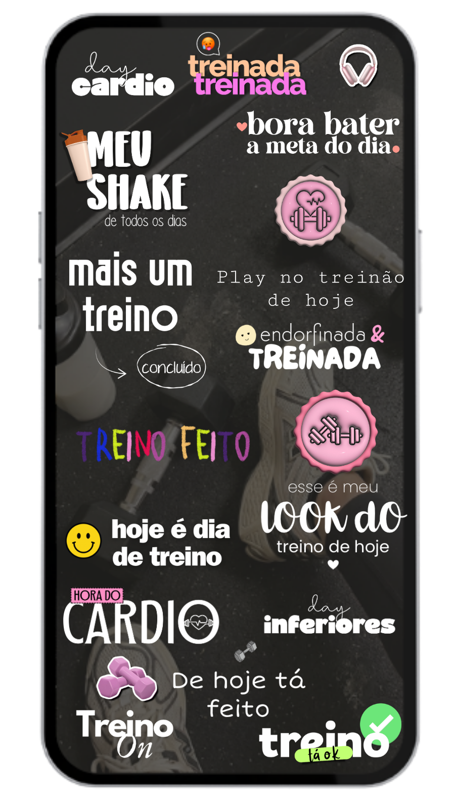 Mockup de celular com figurinhas do nicho Treino
